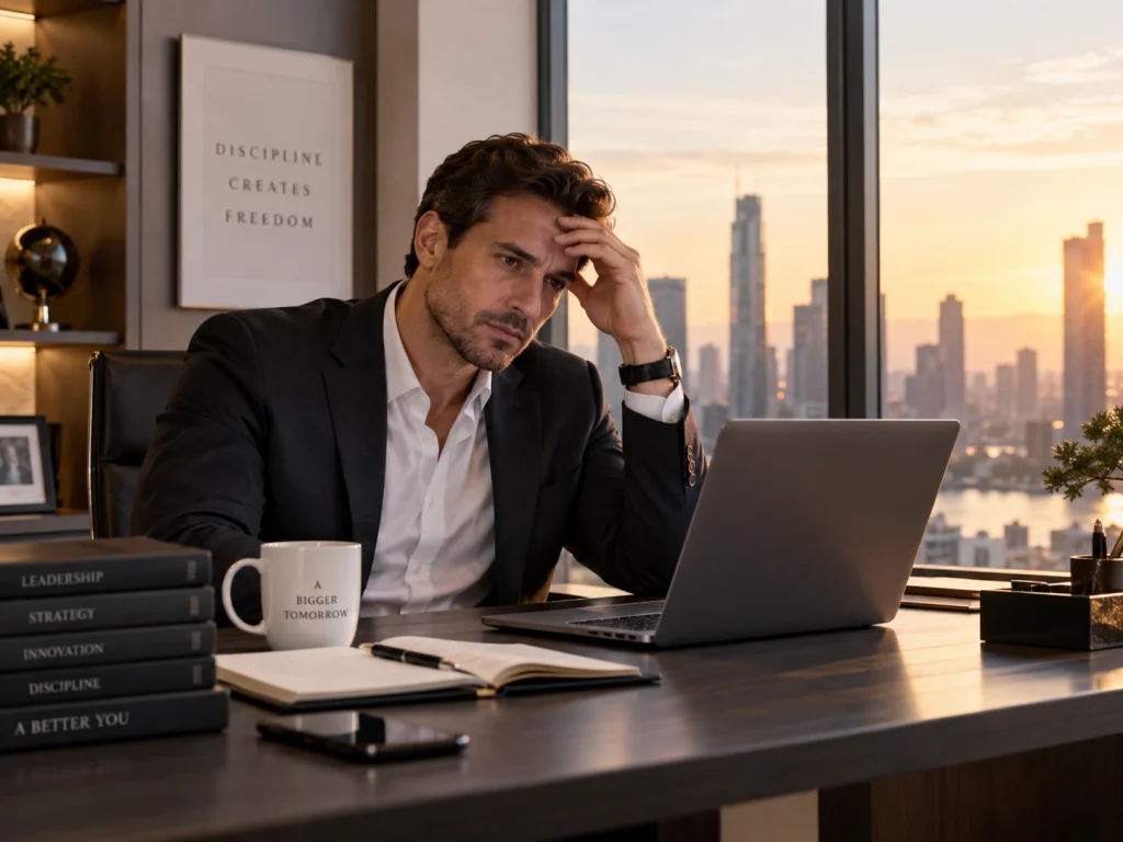 A man in a dark suit seated at a polished desk in a high-rise office at sunset, hand to his forehead in quiet thought