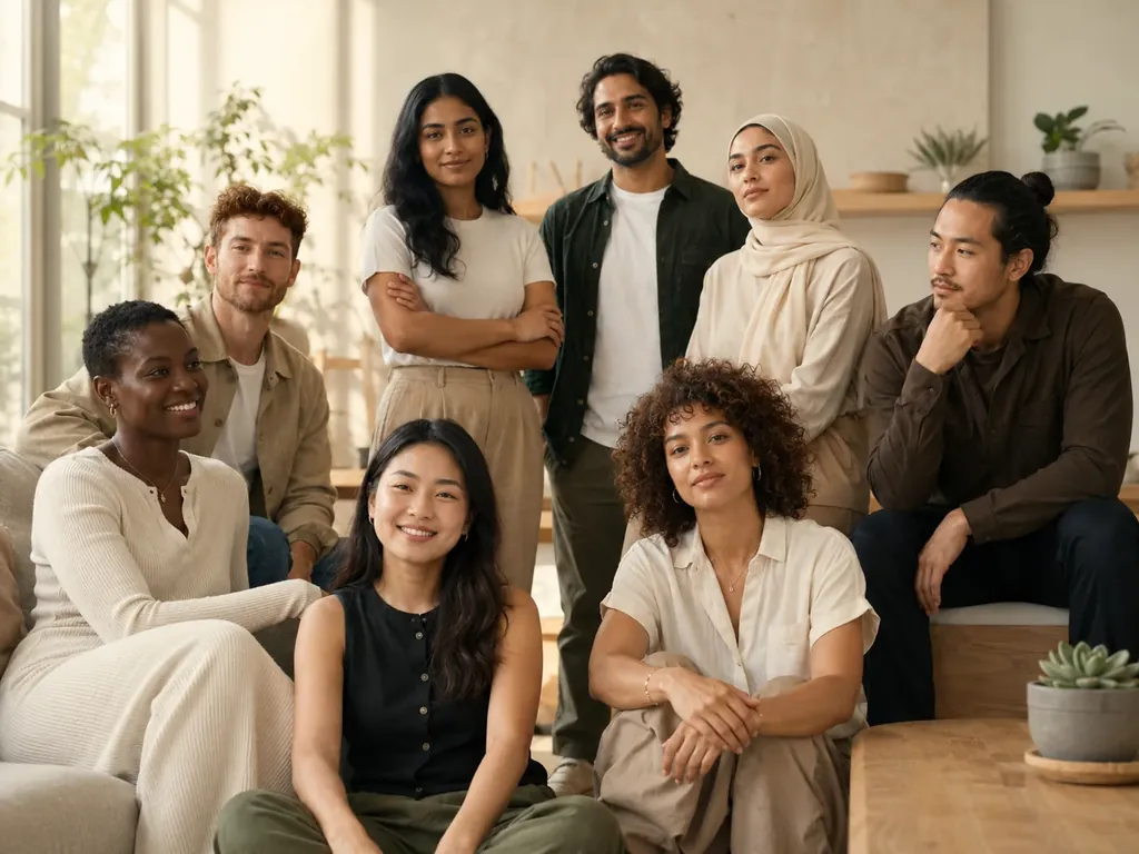 Six adults of different ages and backgrounds sitting in a relaxed circle in a sunlit room, listening to one another