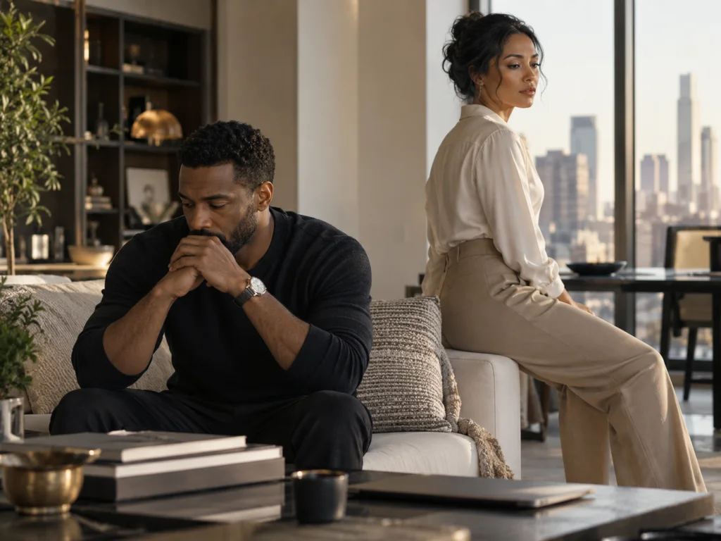 A couple sitting apart on a light sofa in a modern apartment, turned away from each other in a difficult moment